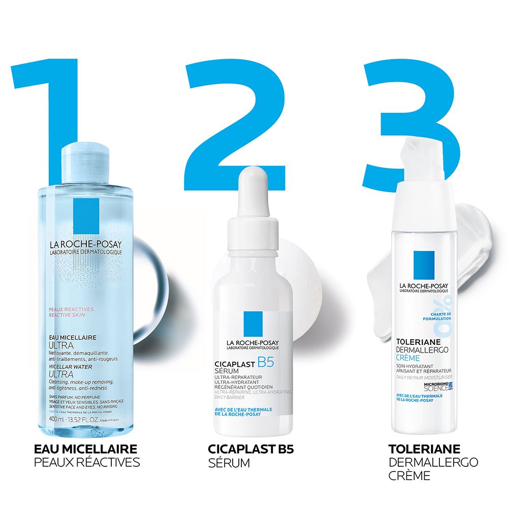 Trois produits LA ROCHE-POSAY: Eau Micellaire, Sérum Cicaplast B5 et Crème Toleriane Dermallergo. Sur fond blanc.