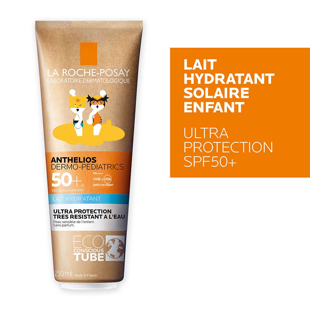 Tube de crème solaire et encadré de texte. Encadré de texte avec : LAIT SOLAIRE ENFANT, ULTRA PROTECTION SPF50+.