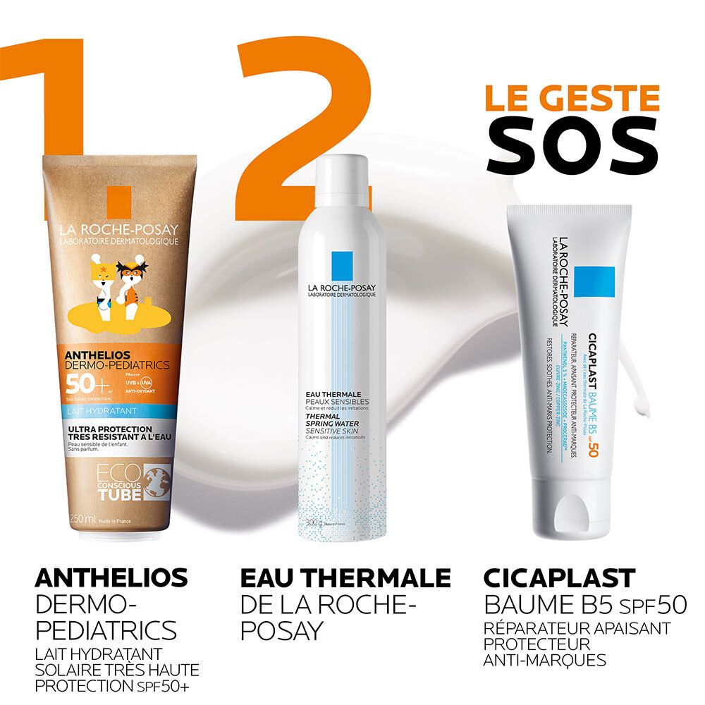 Trois produits côte à côte. ANTHELIOS DERMO-PEDIATRICS, EAU THERMALE, CICAPLAST BAUME B5 SPF50.