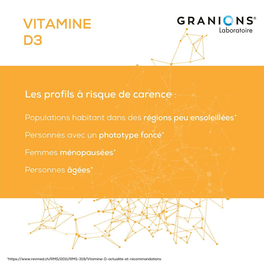 Fond jaune avec texte. Groupes à risque de carence en vitamine D sont listés.