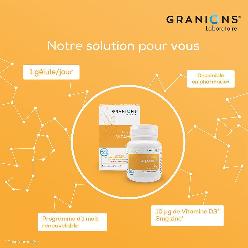 Fond jaune avec image du produit. Montre un emballage et un flacon de Granions® Vitamine D3.