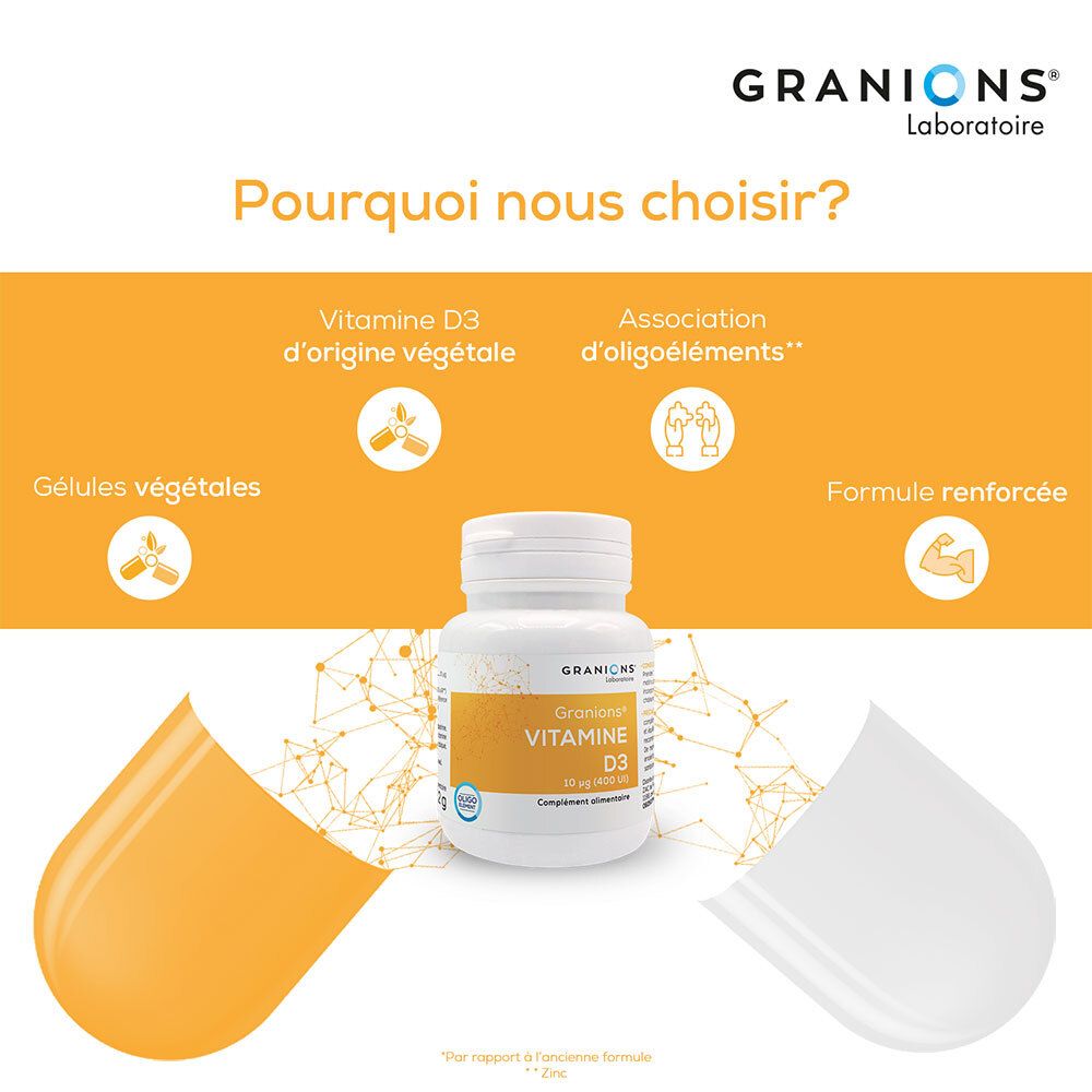 Fond jaune avec image du produit. Montre une gélule et un flacon de Granions® Vitamine D3.