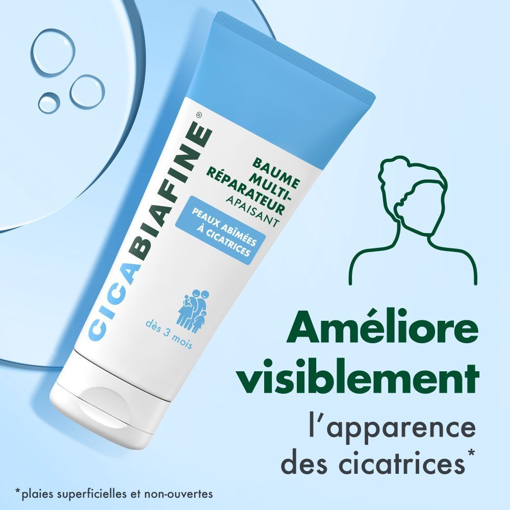 Tube CICABIAFINE® Baume Multi-Réparateur. Texte : Peaux abîmées à cicatrices. Améliore visiblement l'apparence des cicatrices.