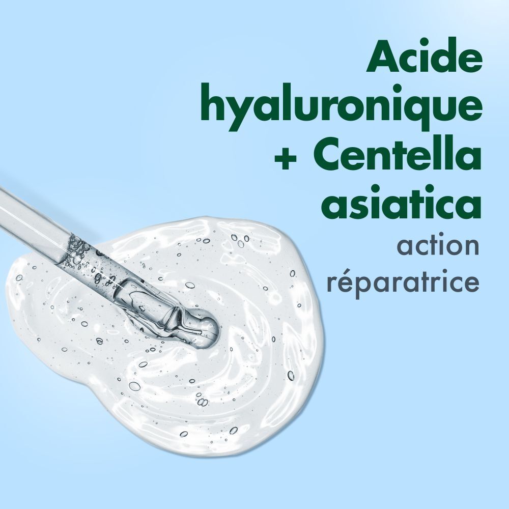 Gros plan sur Acide hyaluronique + Centella asiatica. Texte : Action réparatrice.