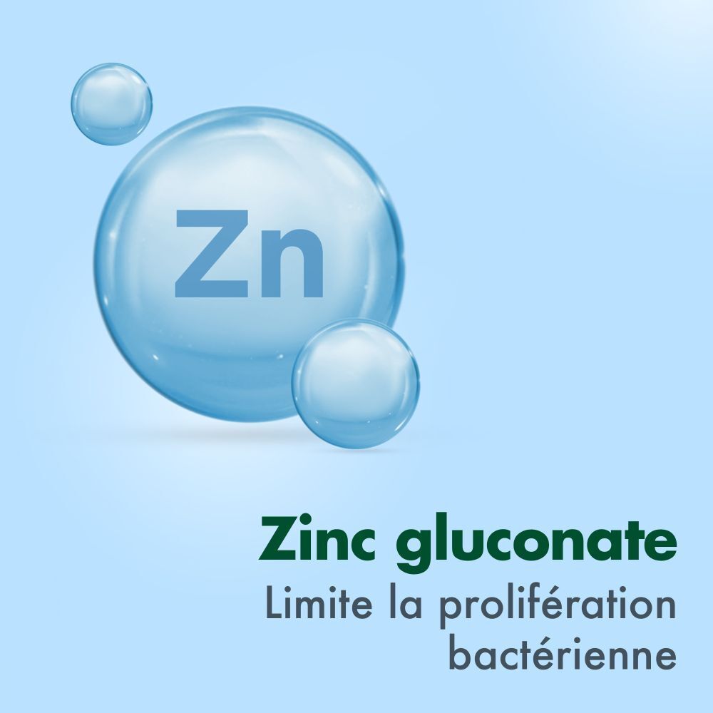 Sphères bleues avec symbole Zn. Texte : Zinc gluconate. Limite la prolifération bactérienne.