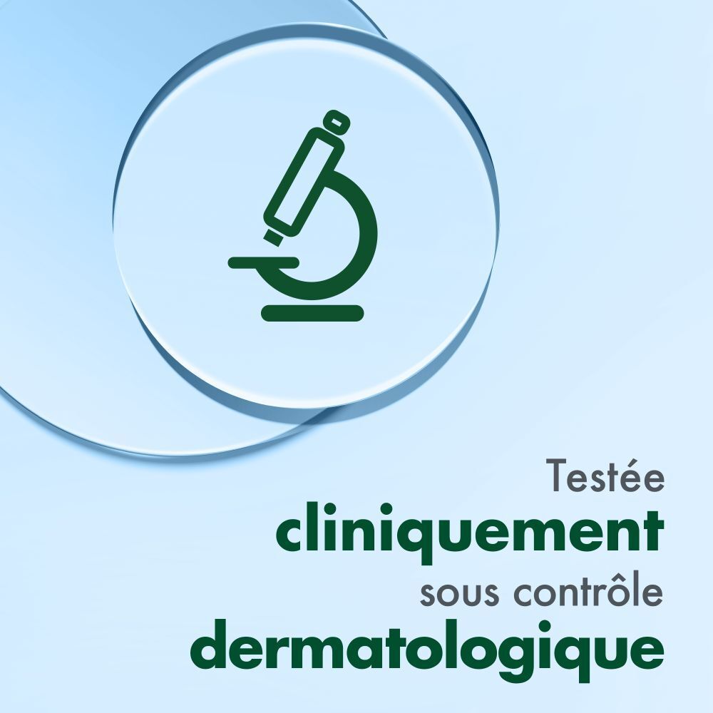 Cercle avec symbole microscope. Texte : Testé cliniquement sous contrôle dermatologique.