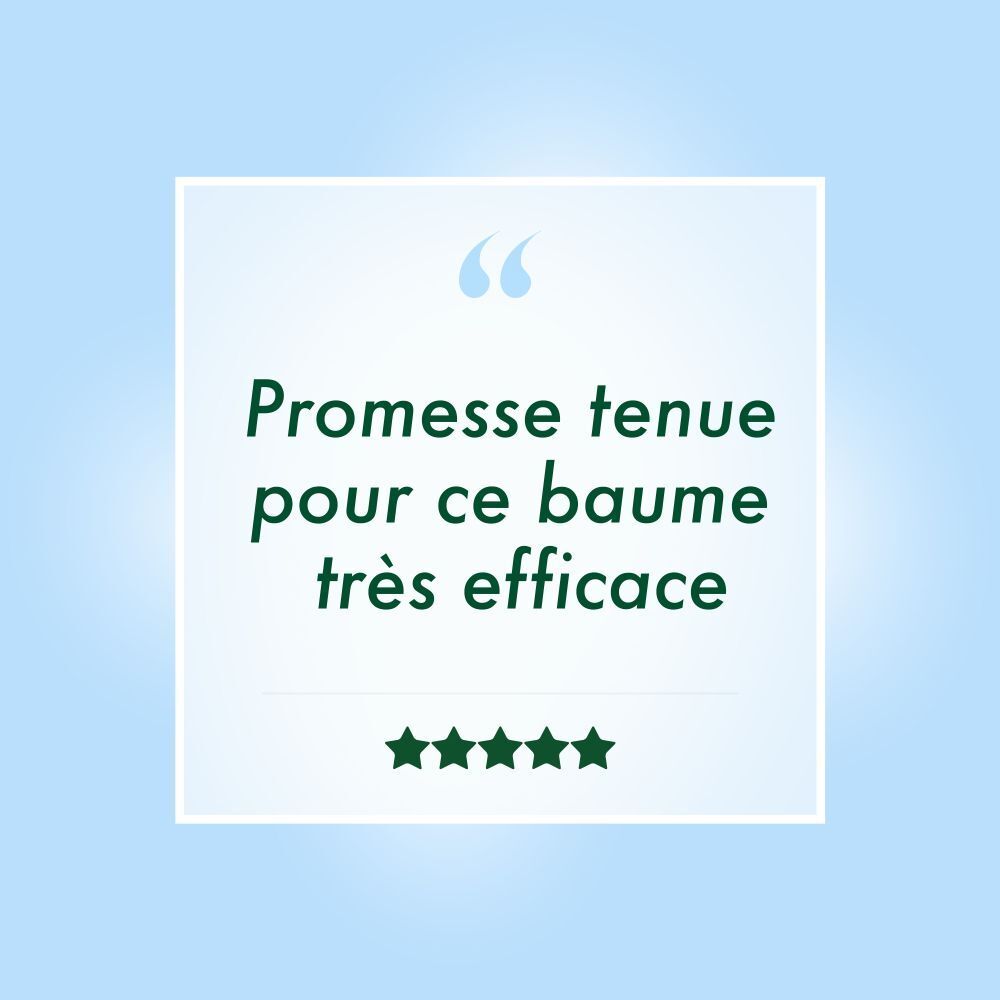 Guillemets. Texte : Promesse tenue pour ce baume très efficace. 5 étoiles.