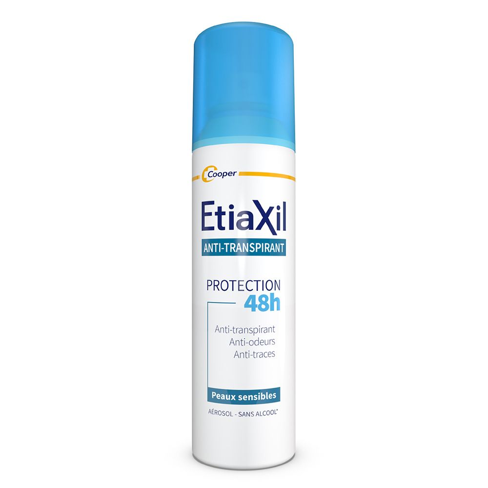 EtiaXil Anti-Transpirant-Spray. Weiße Dose, blaue Kappe. Aufschrift: Protection 48h, Peaux sensibles.