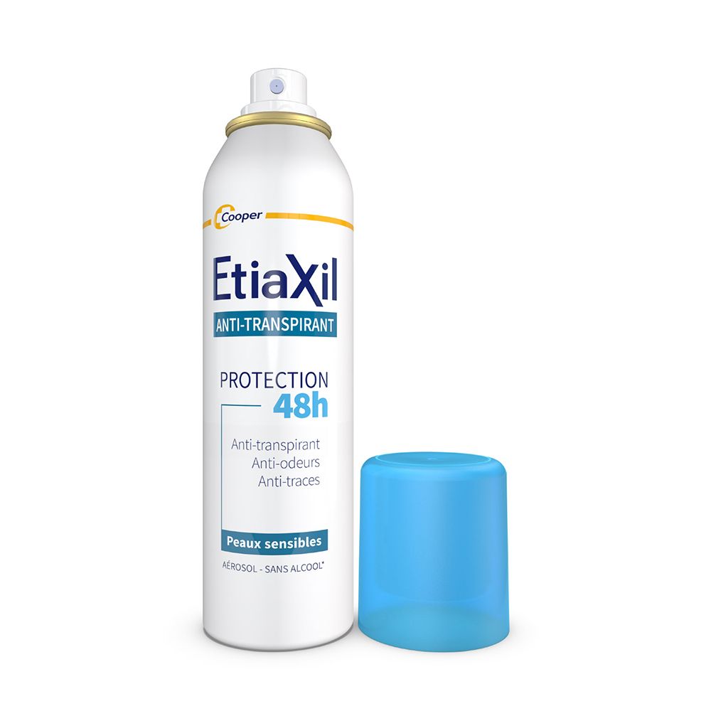 EtiaXil Anti-Transpirant-Spray mit abgenommener blauer Kappe. Weiße Dose, goldener Sprühkopf.