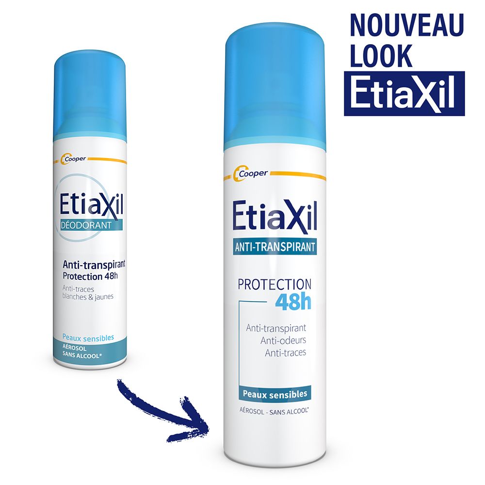 EtiaXil Anti-Transpirant-Spray und eine kleinere Version. Blaue Kappen, weiße Dosen. Aufschrift: Protection 48h.