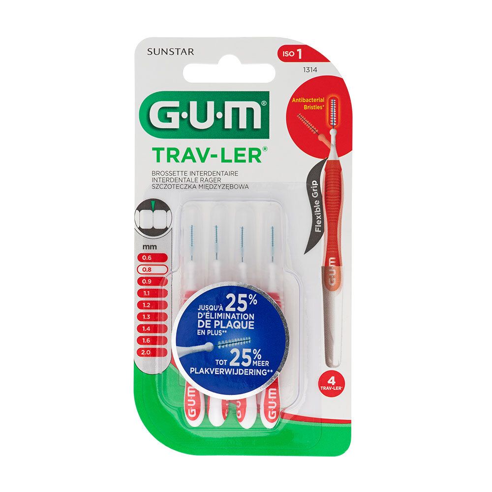 G.U.M. Trav-ler, brosses interdentaires 0,8 mm, emballage blister. 4 pièces. Manche flexible. Soies antibactériennes.