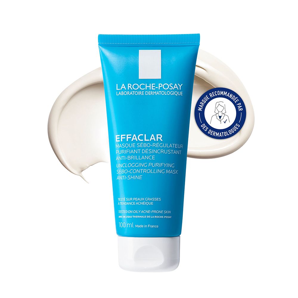Blauwe Tube mit LA ROCHE-POSAY EFFACLAR Maske. Text und Logo. Empfohlen von Dermatologen.