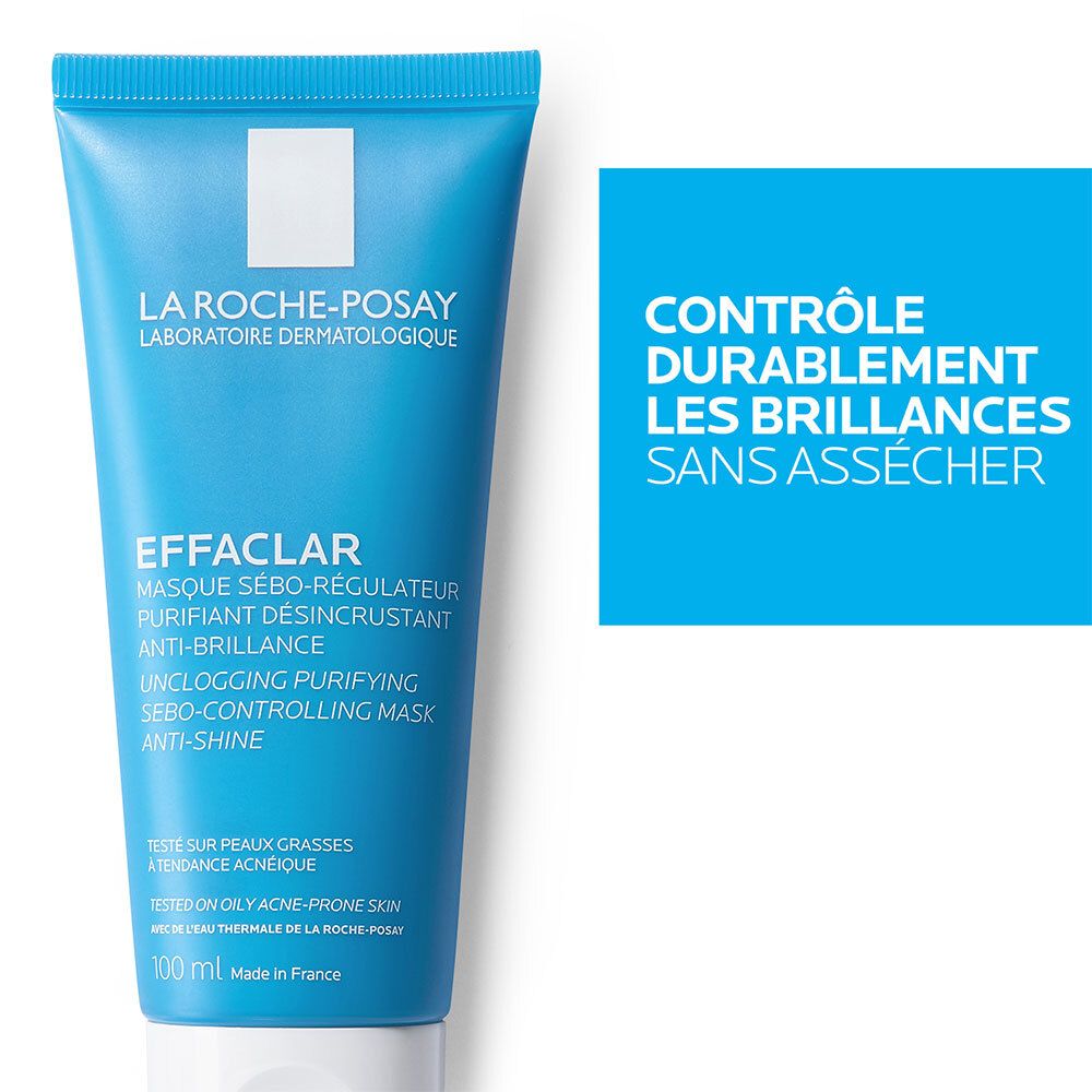 Blaue Tube mit LA ROCHE-POSAY EFFACLAR Maske. Text und Logo. Kontrolliert Glanz, ohne auszutrocknen.
