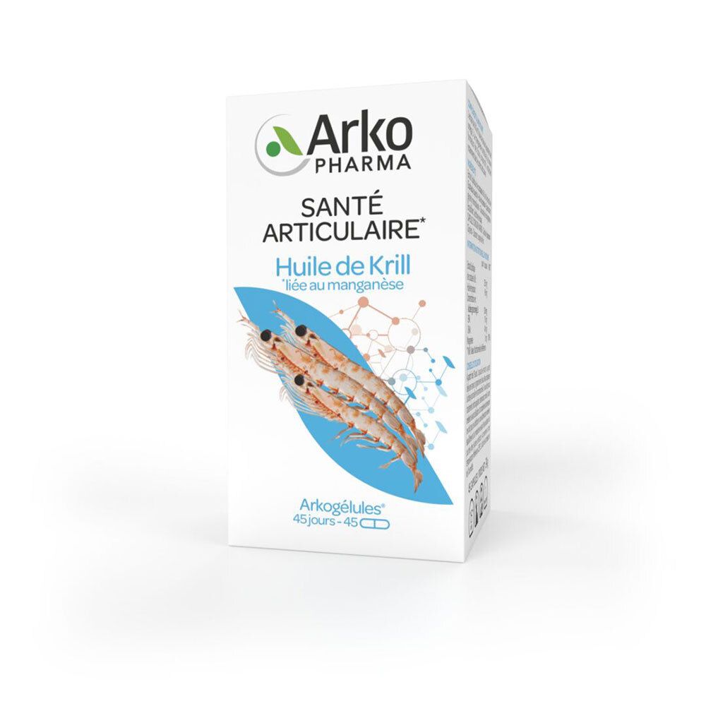 Boîte blanche avec impression du produit. Contient des gélules. Inscription : Arkopharma, Santé Articulaire, Huile de Krill.