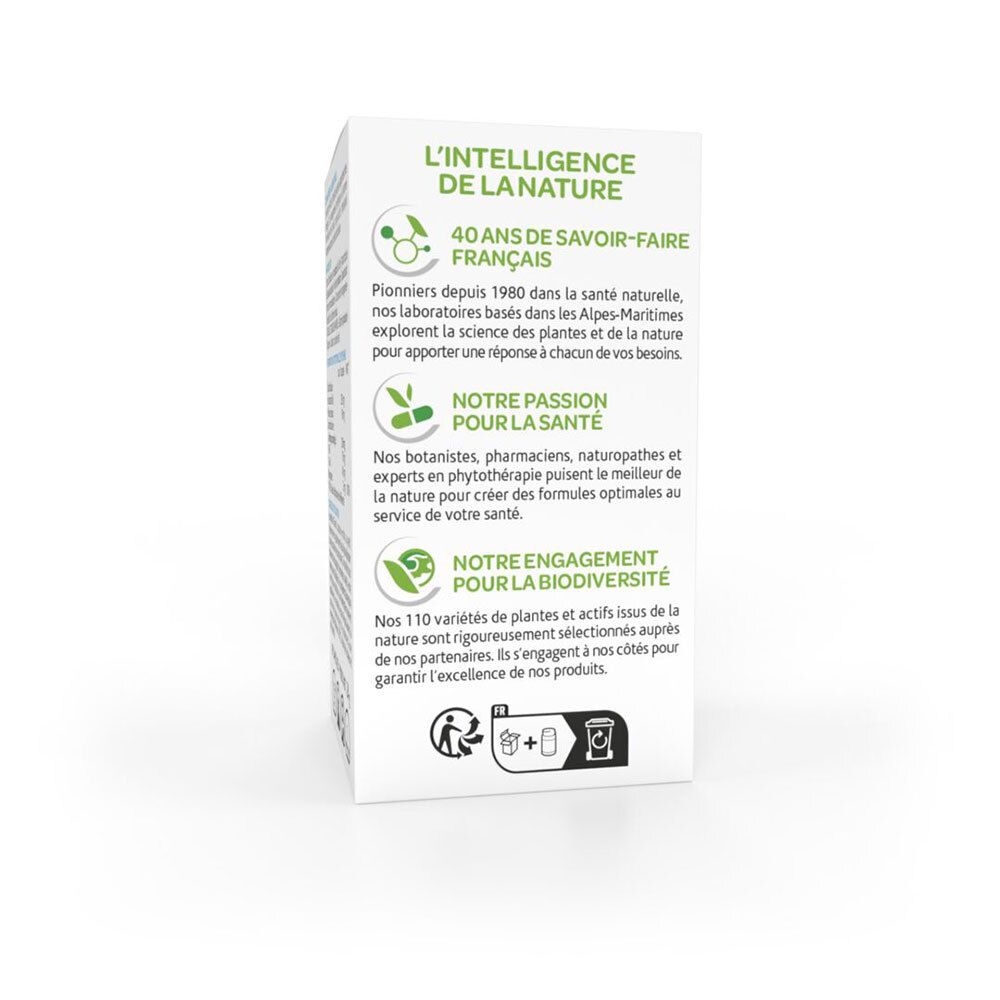Côté de la boîte blanche. Texte en français. Contient des informations sur l'entreprise et ses valeurs.