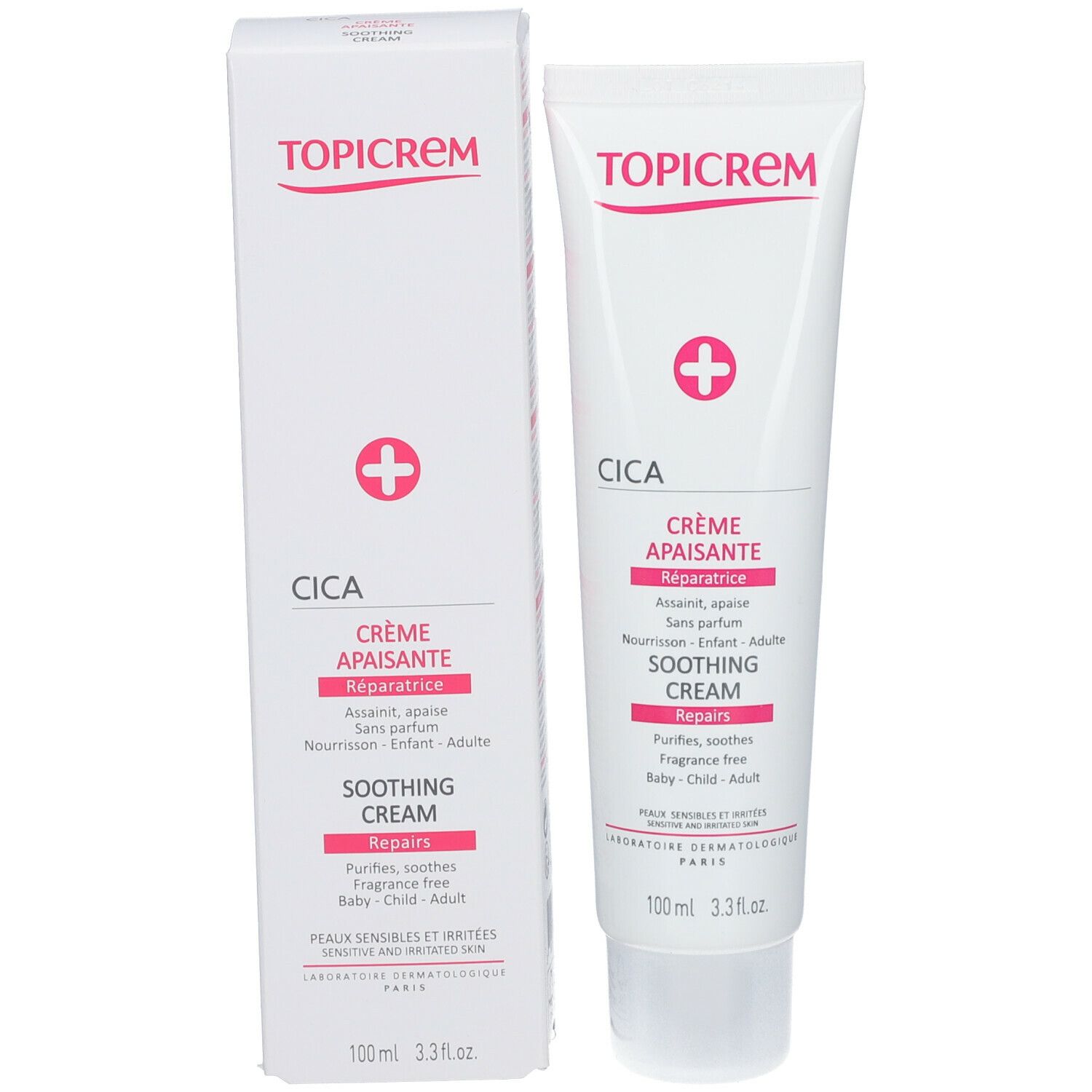 Produktverpackung mit Tube und Karton. Beide zeigen CICA Crème Apaisante, Soothing Cream. Marke TOPICREM. Weiß mit rosa Akzenten.