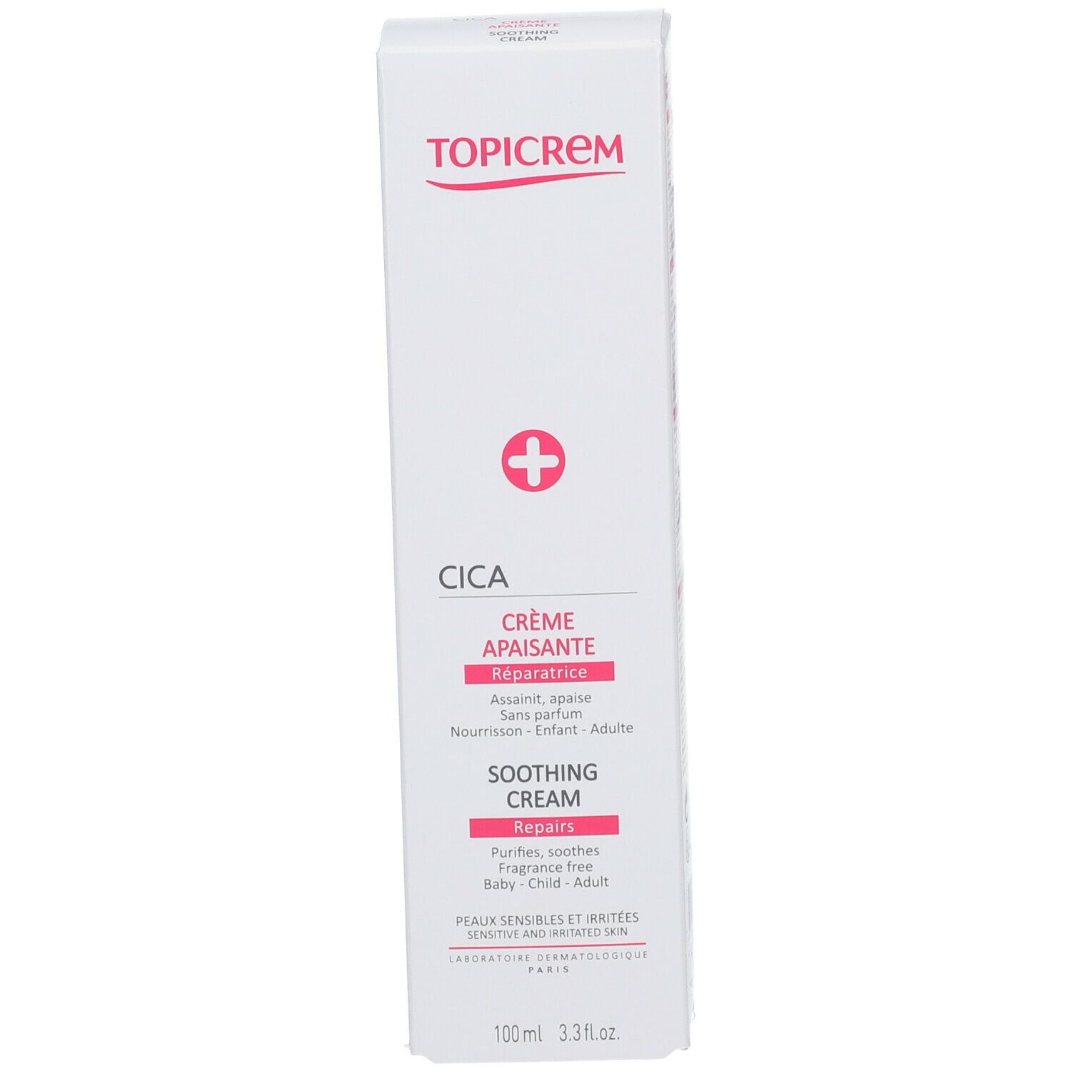 Weiße Produktverpackung mit rosa Akzenten. Enthält CICA Crème Apaisante, Soothing Cream. Marke TOPICREM. Text in Französisch und Englisch.
