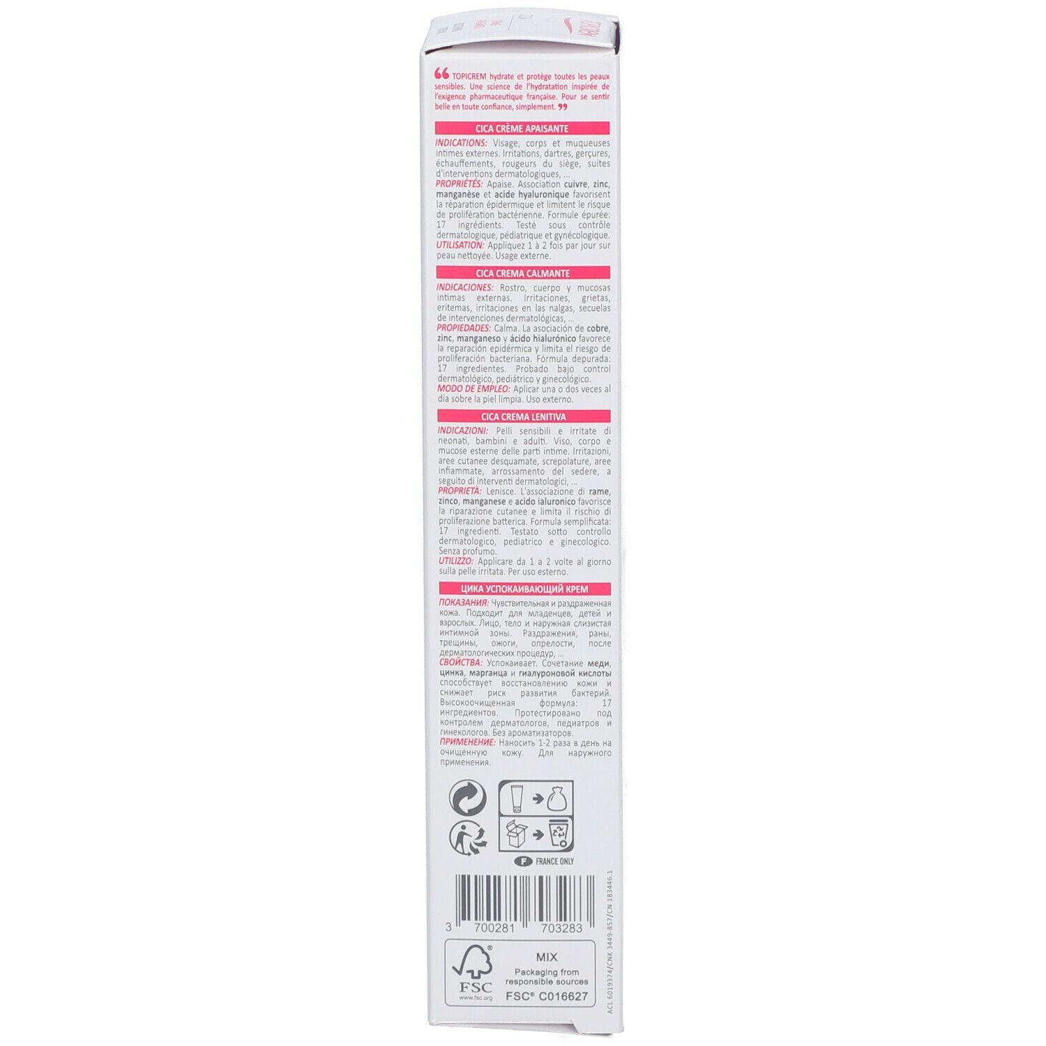 Rückseite der Produktverpackung. Text in mehreren Sprachen, darunter Deutsch, Englisch, Französisch, Italienisch und Arabisch.