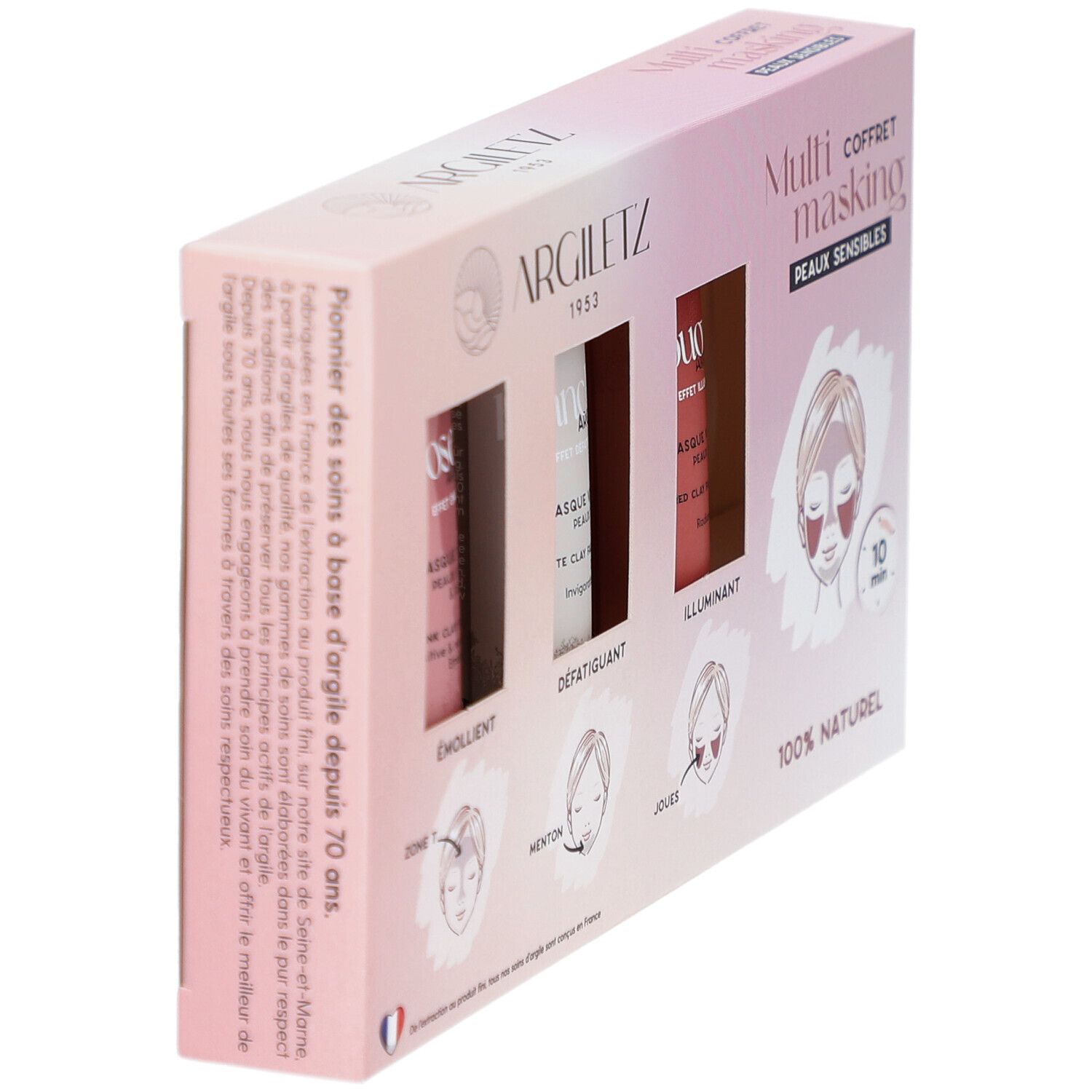Geschenkbox mit drei Tonmasken-Tuben. Farben: weiß, rot, rosa. Aufschrift: Trio Masques d'Argile. Marke: Argiletz. Seitenansicht.