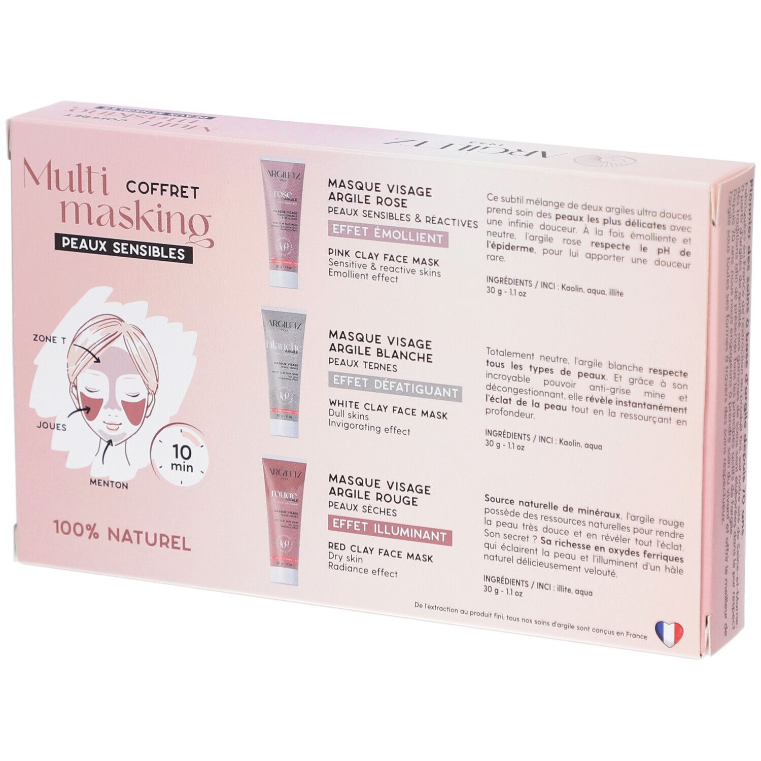 Geschenkbox mit drei Tonmasken-Tuben. Farben: weiß, rot, rosa. Aufschrift: Trio de masques d'Argile. Marke: Argiletz.