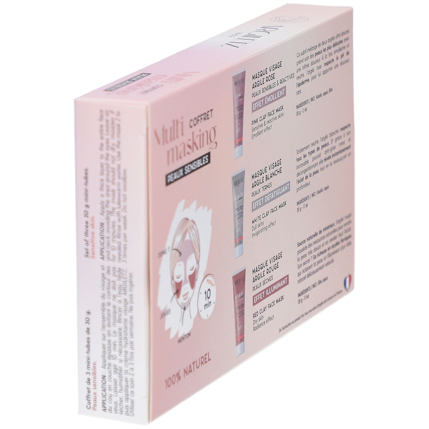 Geschenkbox mit drei Tonmasken-Tuben. Farben: weiß, rot, rosa. Aufschrift: Trio de masques d'Argile. Marke: Argiletz. Seitenansicht.
