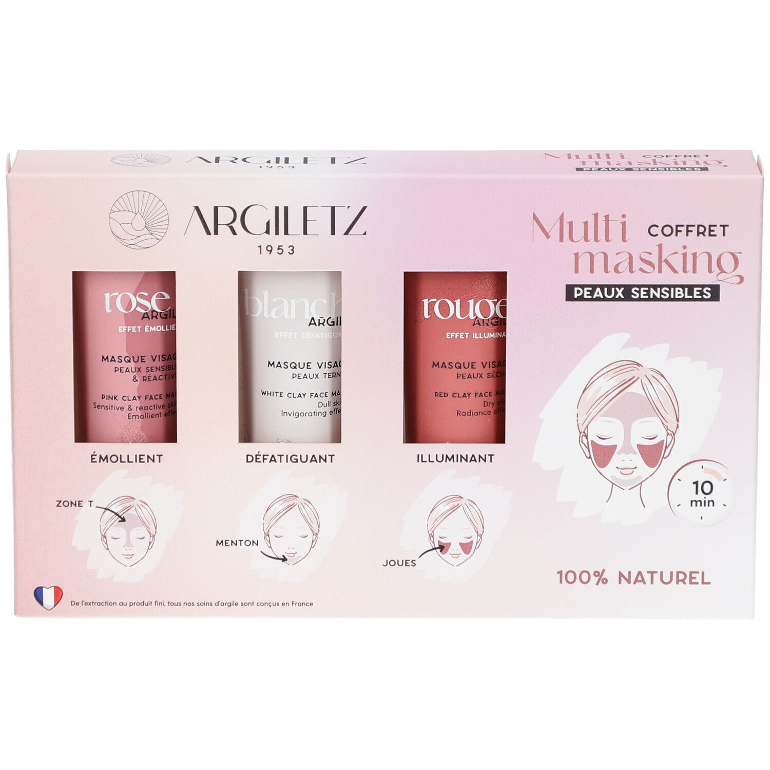 Geschenkbox mit drei Tonmasken-Tuben. Farben: weiß, rot, rosa. Aufschrift: Trio Masques d'Argile. Marke: Argiletz.