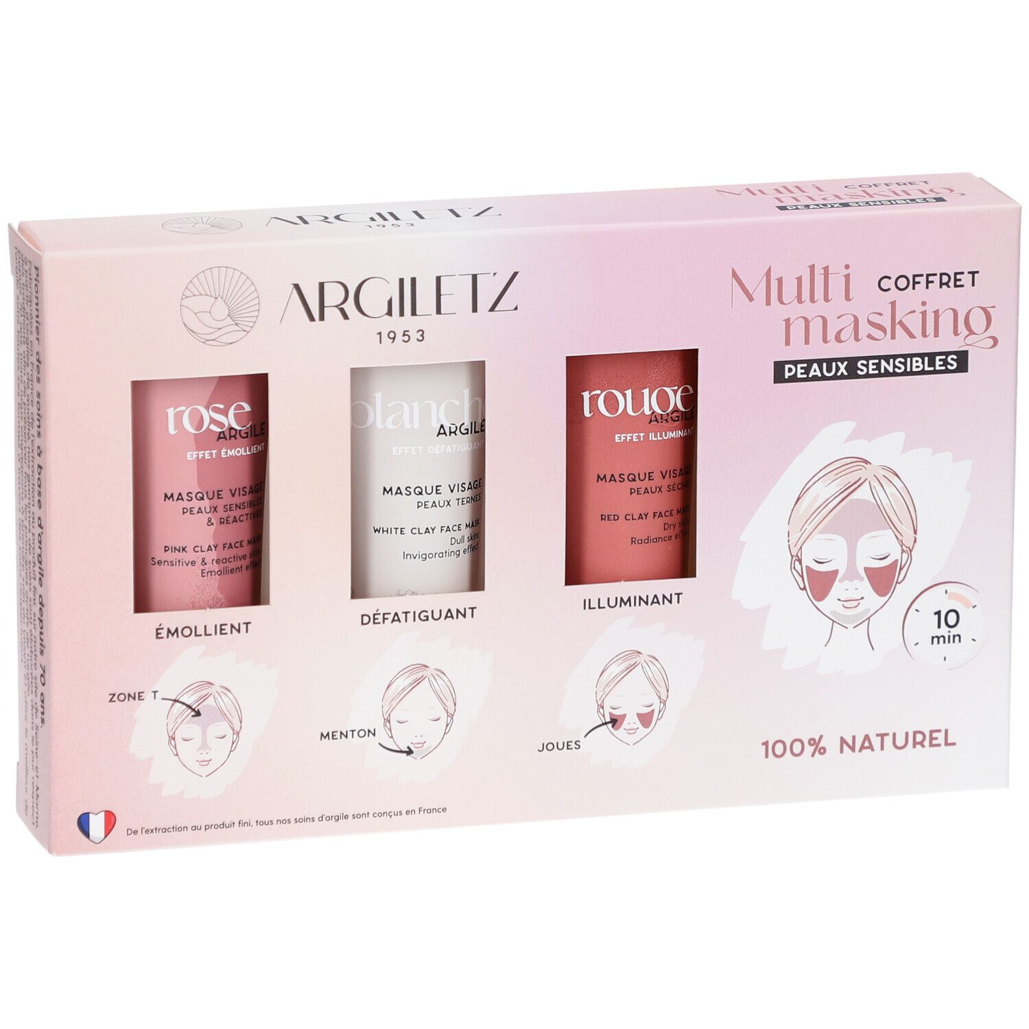 Geschenkbox mit drei Tonmasken-Tuben. Farben: weiß, rot, rosa. Aufschrift: Trio Masques d'Argile. Marke: Argiletz.
