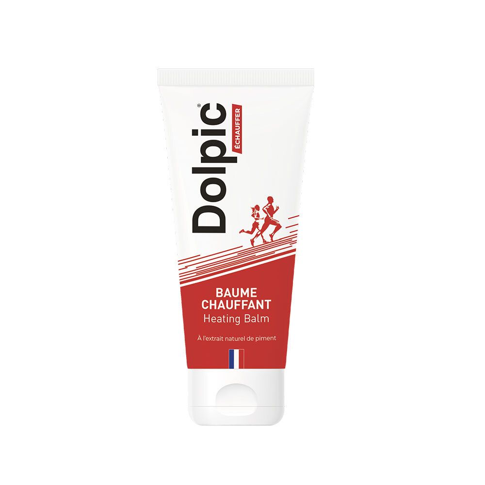 Tube blanc et rouge. Inscription "Dolpic" et "Baume Chauffant". Illustration de coureurs. Drapeau français.