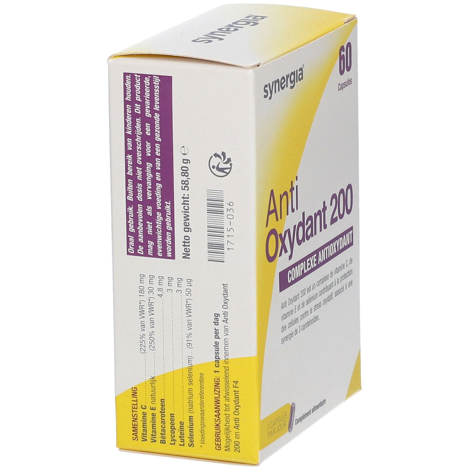 Boîte "Anti Oxydant 200" avec 60 capsules. Marque: synergia. Emballage jaune et blanc avec informations et accents violets.