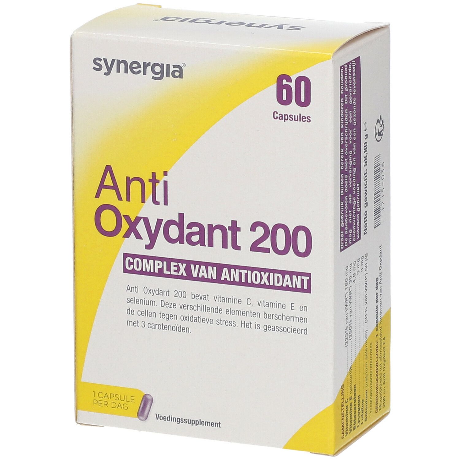 Boîte "Anti Oxydant 200" avec 60 capsules. Marque: synergia. Emballage jaune et blanc avec informations et accents violets.