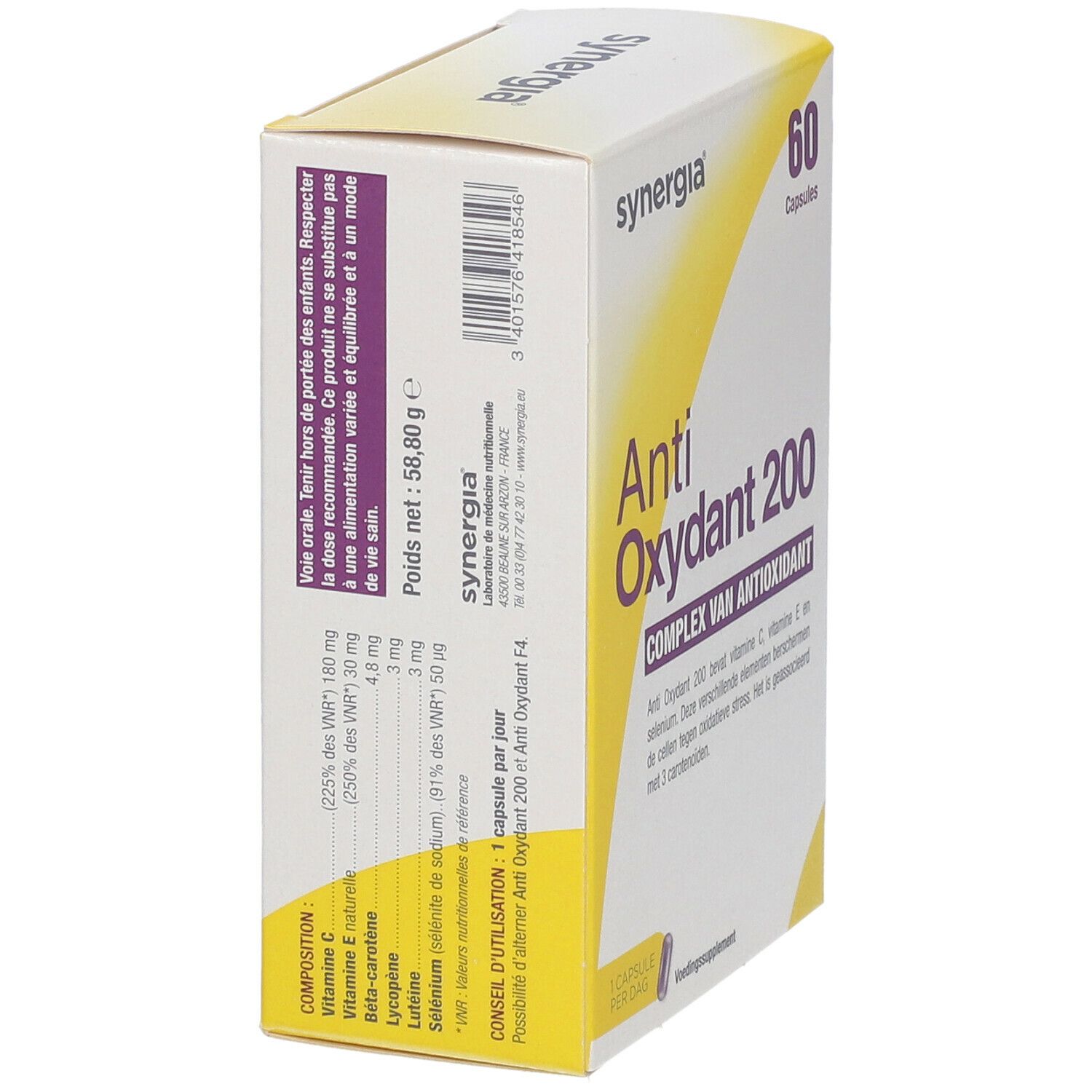 Boîte "Anti Oxydant 200" avec 60 capsules. Marque: synergia. Emballage jaune et blanc avec informations et accents violets.