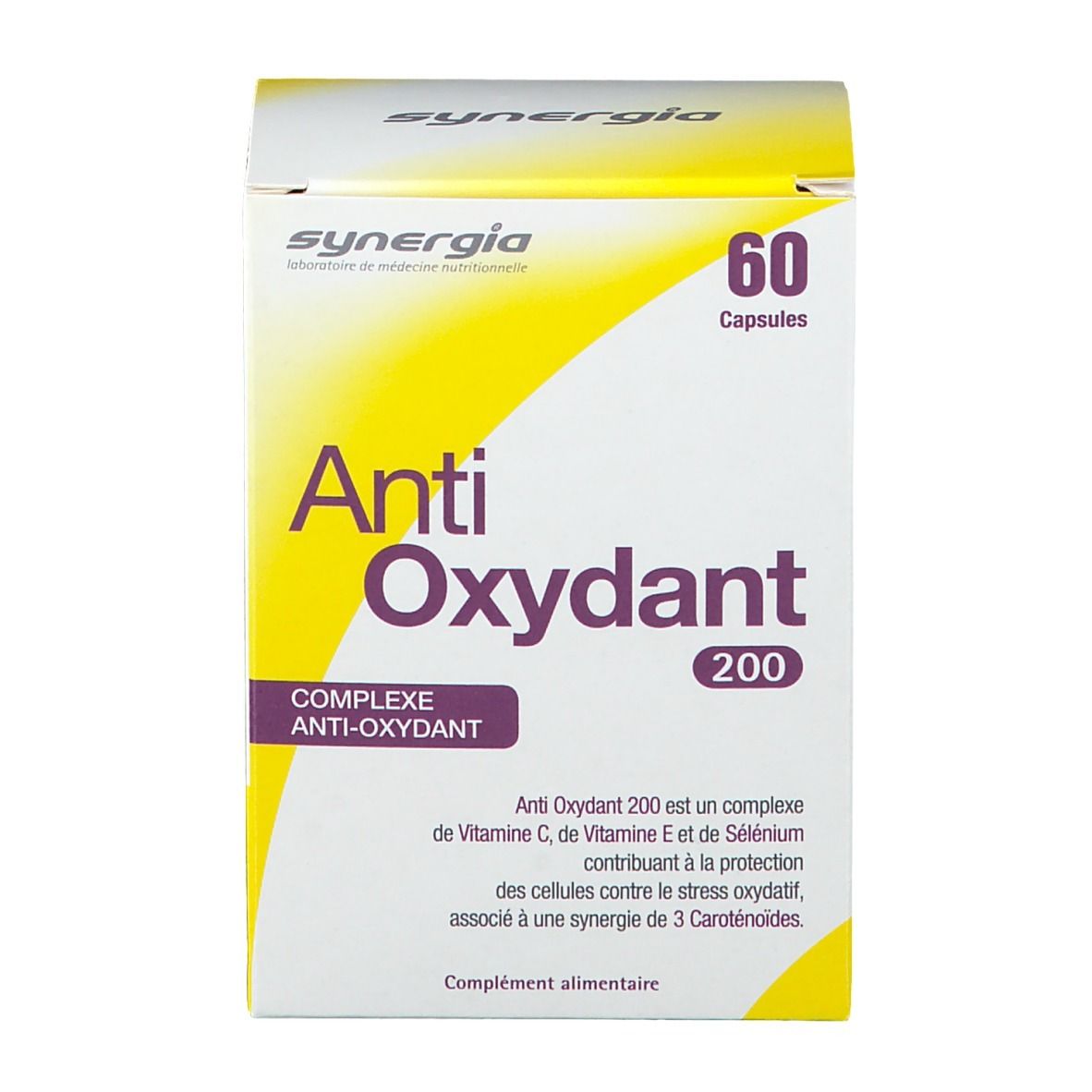 Boîte "Anti Oxydant 200" avec 60 capsules. Marque: synergia. Emballage jaune et blanc avec des accents violets.