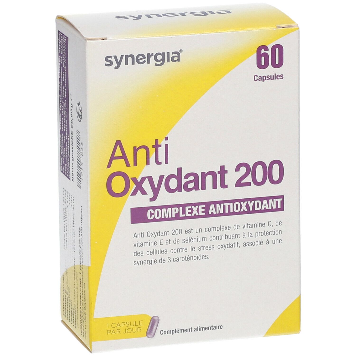 Boîte "Anti Oxydant 200" avec 60 capsules. Marque: synergia. Emballage jaune et blanc avec des accents violets.