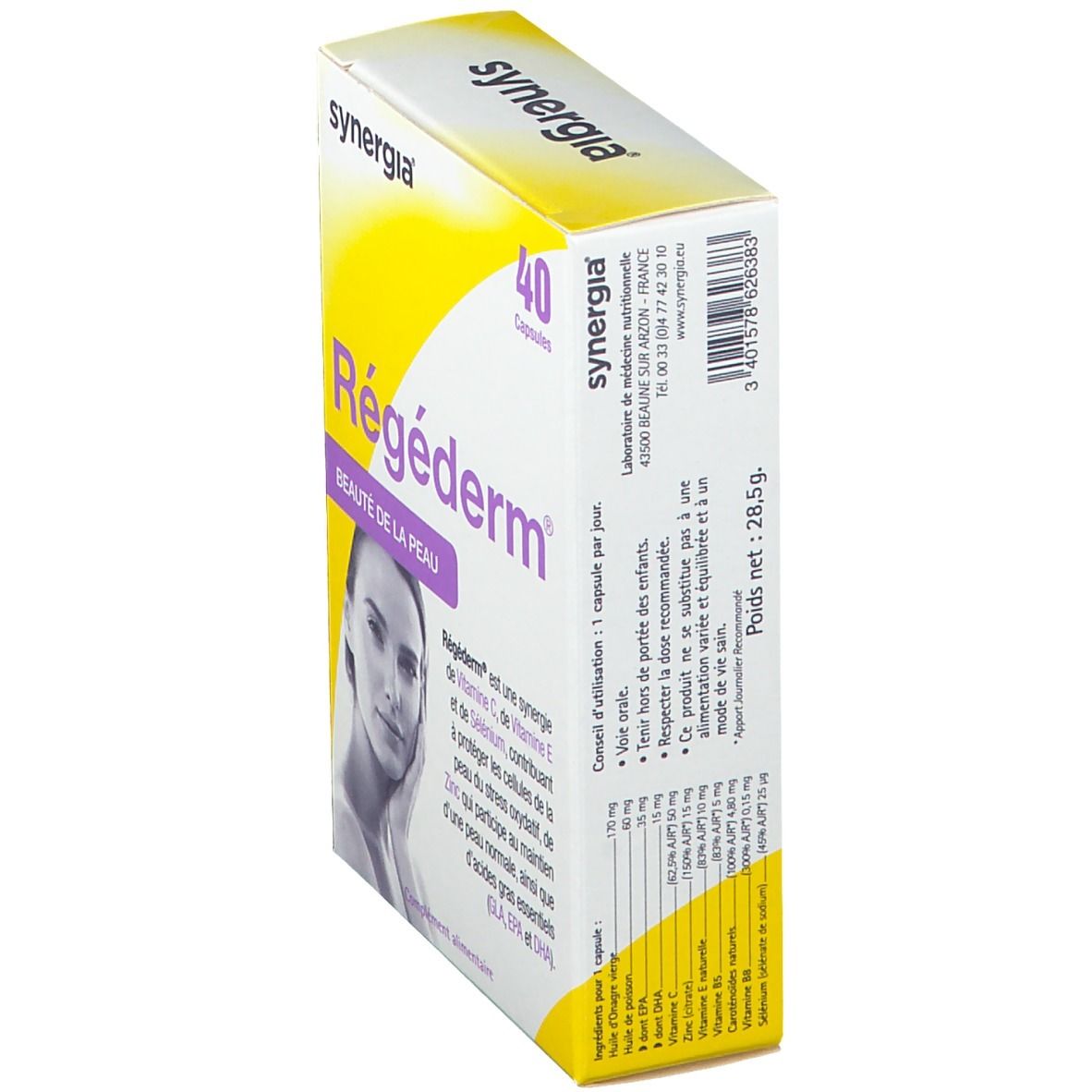 Boîte de 40 capsules. Inscription: Régéderm, synergi. Vue latérale avec texte et ingrédients.