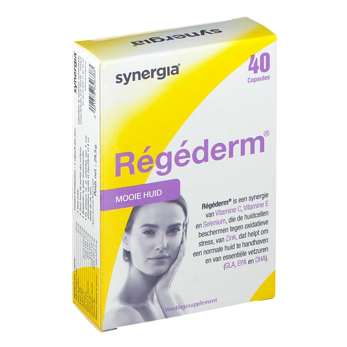 Boîte de 40 capsules. Inscription: Régéderm, synergi, Mooie huid. Image d'une femme.