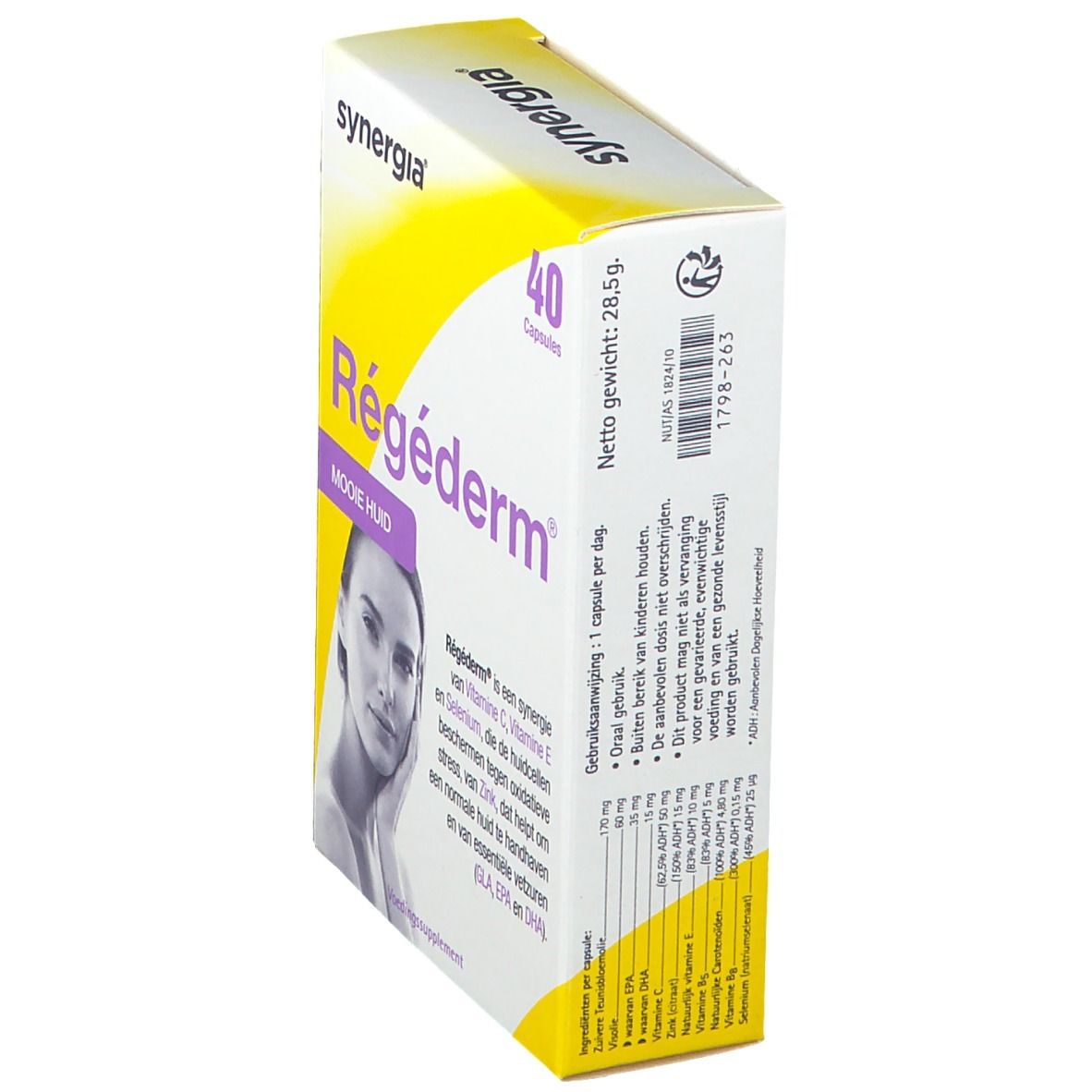 Boîte de 40 capsules. Inscription: Régéderm, synergi, Mooie huid. Vue latérale avec texte et ingrédients.