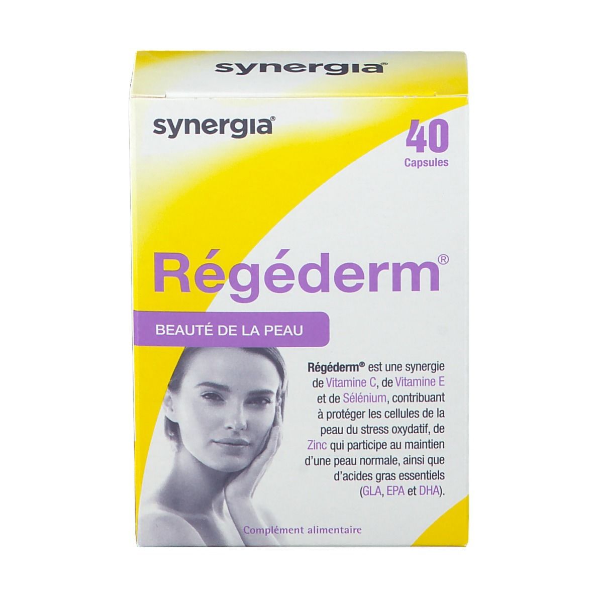 Boîte de 40 capsules. Inscription: Régéderm, synergi, Beauté de la peau. Image d'une femme.