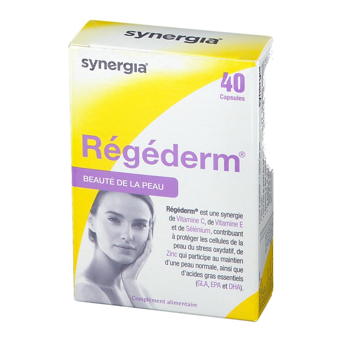 Boîte de 40 capsules. Inscription: Régéderm, synergi, Beauté de la peau. Image d'une femme.