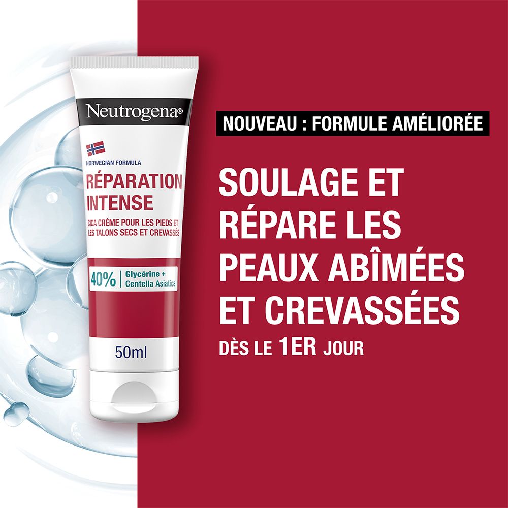 Tube Neutrogena® sur fond rouge et bulles. Texte: Réparation Intense, 50ml. Nouvelle formule améliorée. Soulage et répare.