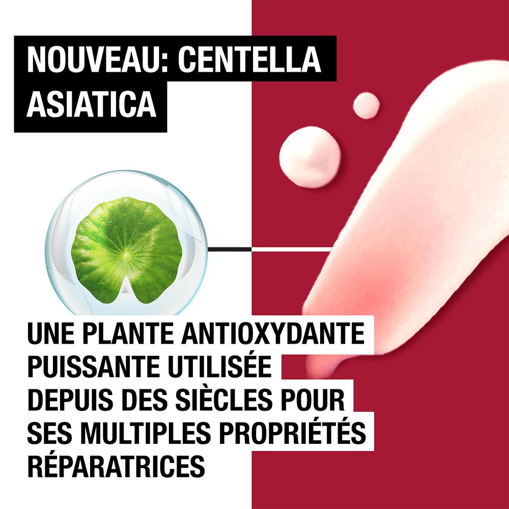 Gros plan feuille Centella Asiatica dans bulle. Texte: Antioxydant, utilisé pour ses propriétés réparatrices. Fond rouge.
