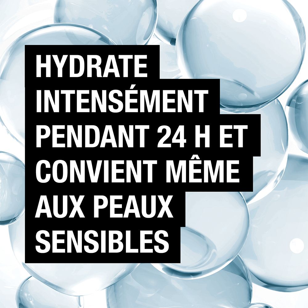 Fond de bulles. Texte: Hydrate intensément pendant 24h, convient aux peaux sensibles.