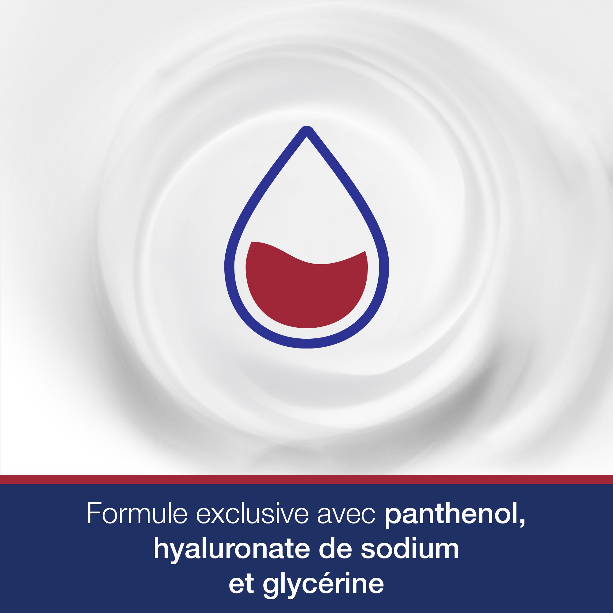 Tourbillon de crème. Texte: Formule avec panthénol, hyaluronate de sodium et glycérine.