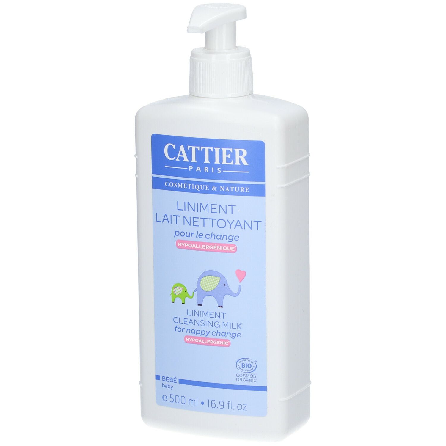 Flacon blanc avec pompe. Étiquette avec nom du produit et illustrations. "CATTIER PARIS" et "Lait Nettoyant".