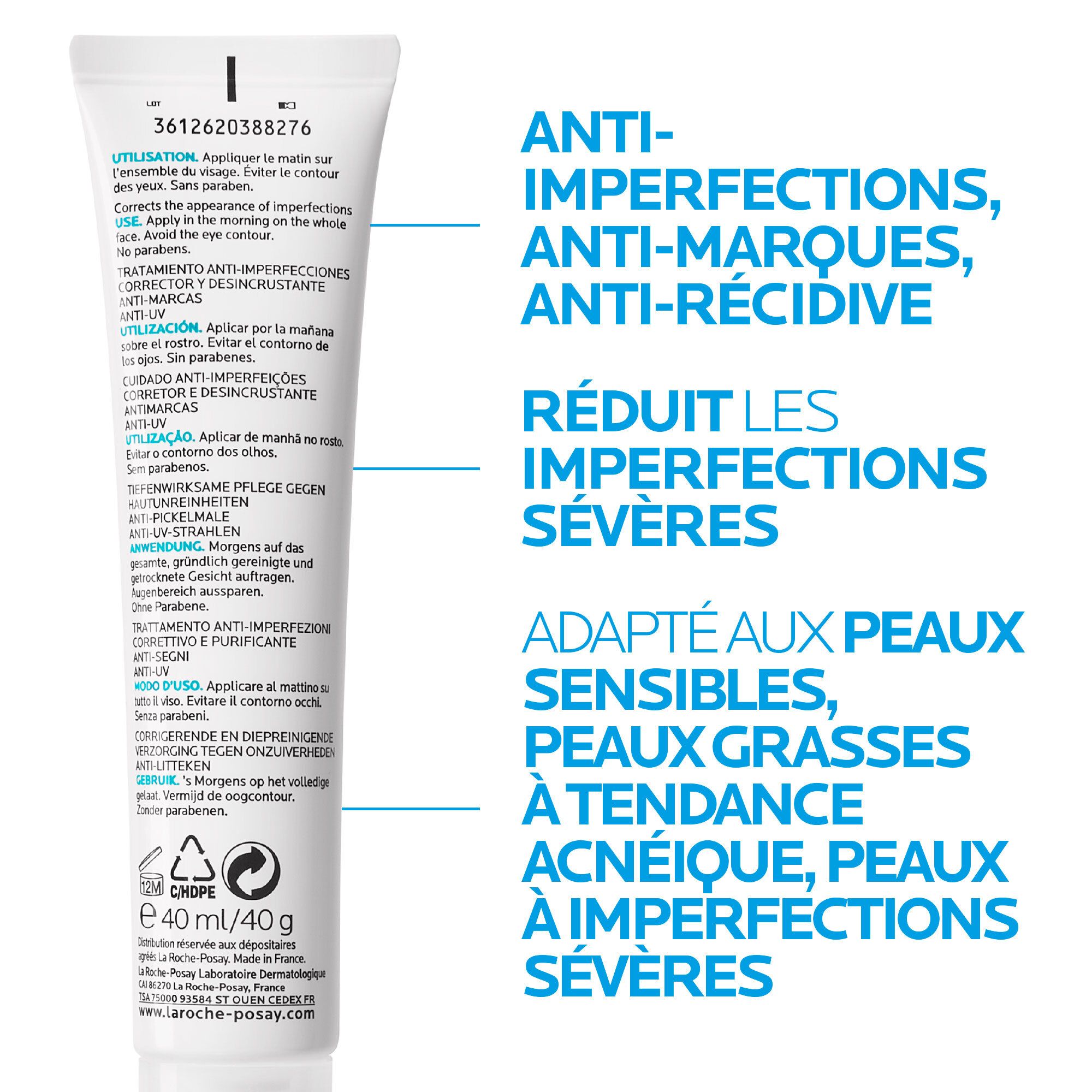 Rückseite der La Roche-Posay Effaclar Duo+ UV 30 Tube. Text in mehreren Sprachen. Enthält Informationen zur Anwendung.