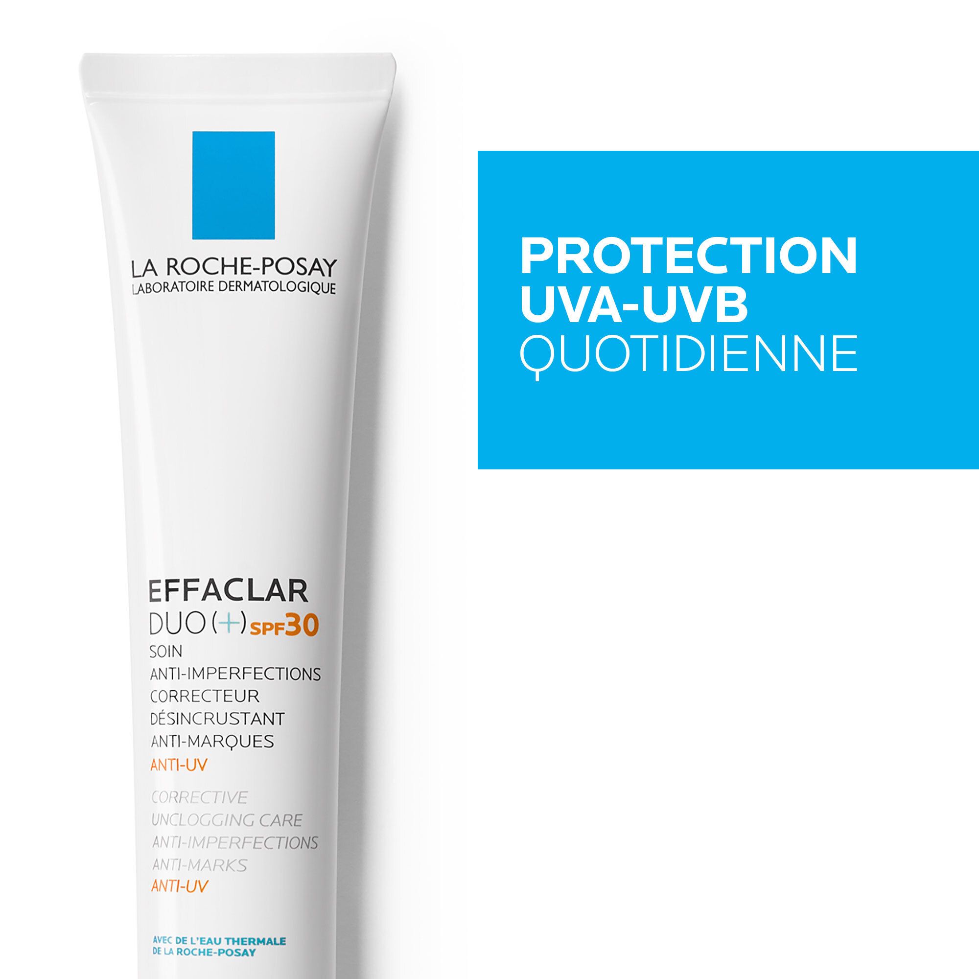La Roche-Posay Effaclar Duo+ UV 30 Tube. Weißes Produkt mit blauem Logo. Text: Schutz UVA-UVB täglich.