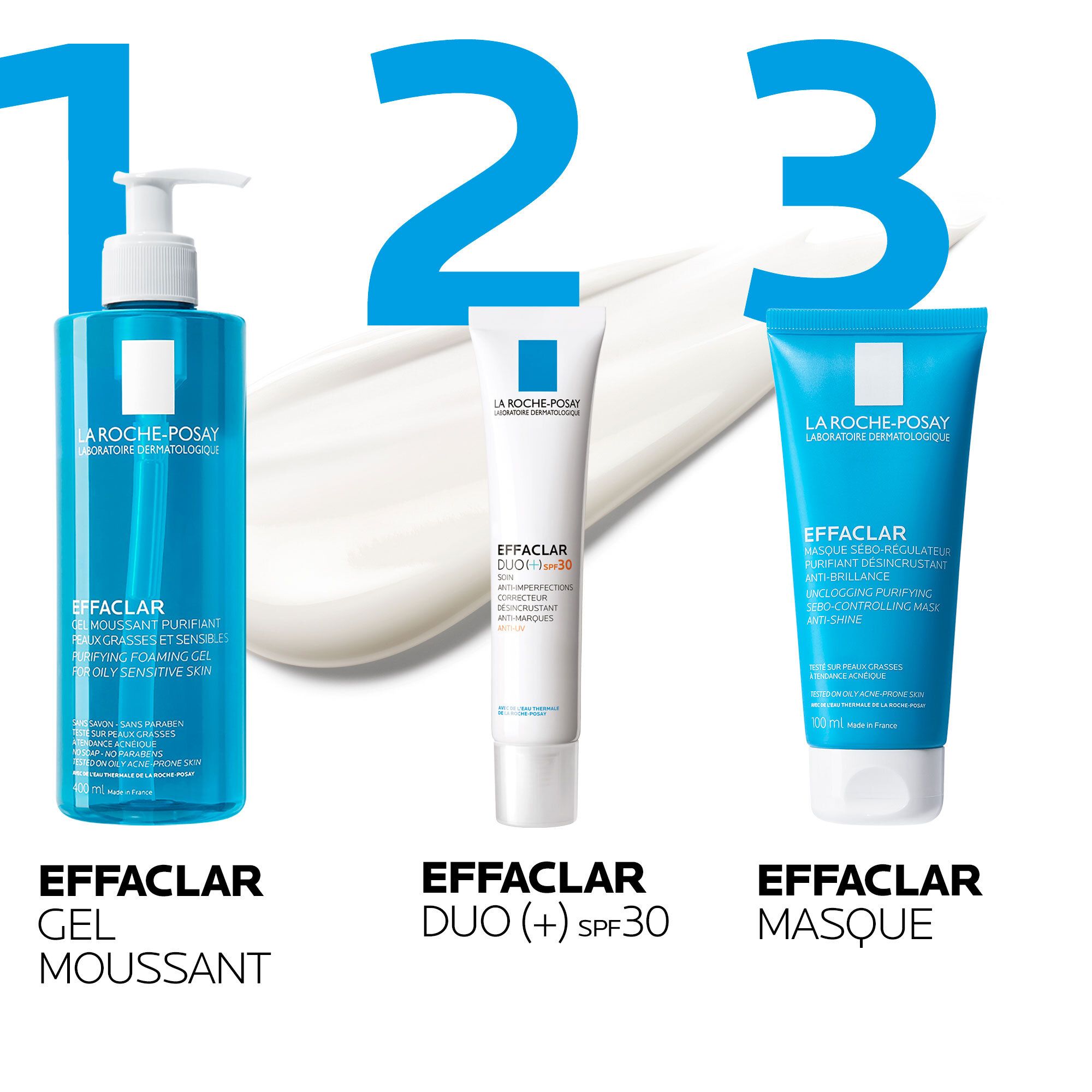 Drei La Roche-Posay Effaclar Produkte. Gel Moussant, Effaclar Duo+ SPF30, und Masque. Alle mit blauem Logo.