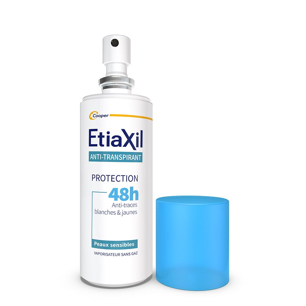 EtiaXil Anti-Transpirant Deodorant. Blaue Kappe, weißer Behälter. Kappe abgenommen.