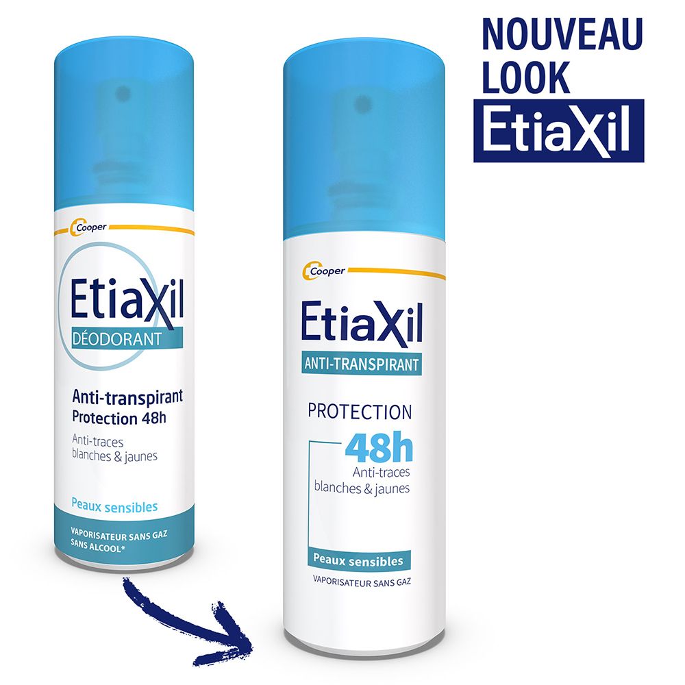 EtiaXil Deodorant und Anti-Transpirant. Blaue Kappen, weiße Behälter. Text: Anti-transpirant, 48h.