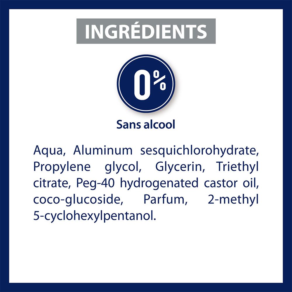 Zutatenliste. Text: 0% Alkohol. Inhaltsstoffe: Aqua, Aluminum sesquichlorohydrate, etc.