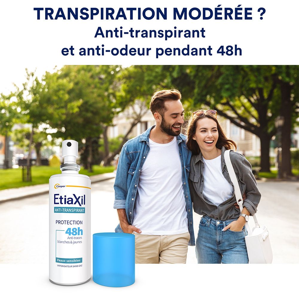 Paar im Freien. EtiaXil Anti-Transpirant Spray. Text: Anti-Transpirant, 48h. Blaue Kappe.